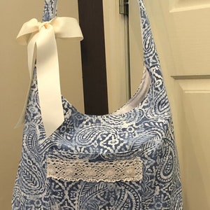 Crossbody Bag ~ Shabby Chic / Blue Paisley Lighweight Canvas / Vintage Lace / Boho Shoulder Tote