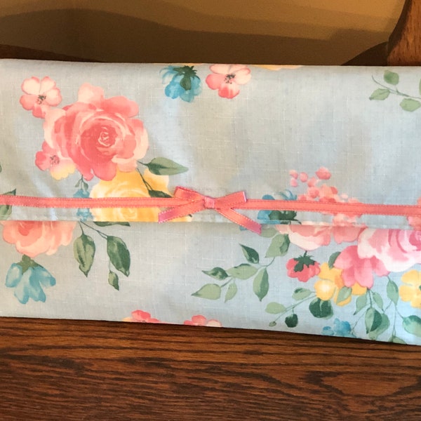 Unique Handmade Floral Fabric Envelope Clutch Purse with Ribbon