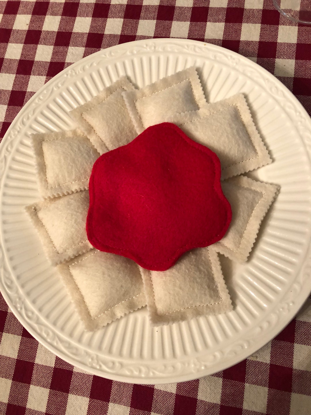 Play Ravioli and Sauce Pretend Felt Food 8 Ravioli Set With Red