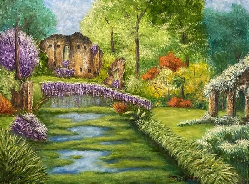 Medieval Garden Original Oil Painting image 1