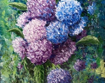 Hydrangeas Original Impressionist One-of-a-Kind Acrylic on 24x18" Stretched Black Canvas