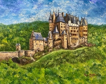 Burg Eltz Castle Original Impressionist One-of-a-Kind Landscape Oil Painting on 18x24" Stretched Canvas