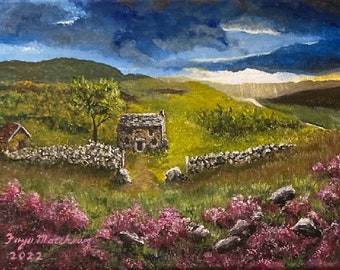 Cottage on the Moors Original Impressionist One-of-a-Kind Landscape Acrylic Painting on 9x12" Stretched Canvas