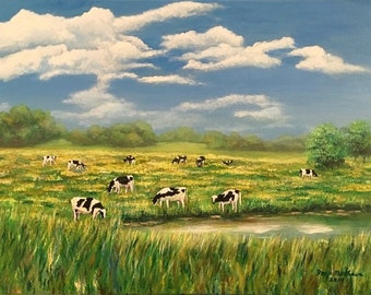 Afternoon Grazing Original Impressionist One-of-a-Kind Landscape Acrylic Painting 18x24" Stretched Canvas