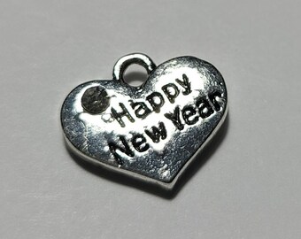 Happy New Year charm Heart Charm with Rhinestone Happy New Year heart charm 5 pieces Stamped Heart new year gift diy B45705H