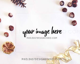 White & Gold Christmas Blank Paper Print Scene / Styled Scene / Mock Up/ Flatlay/  Stock Photography / Commercial Use