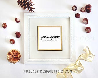 White & Gold Christmas Square Frame / Styled Scene / Photo Frame Mock Up/ Flatlay/ Stock Photography / Commercial Use
