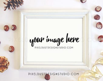 White & Gold Christmas Landscape Frame / Styled Scene / Photo Frame Mock Up/ Flatlay/ Stock Photography / Commercial Use