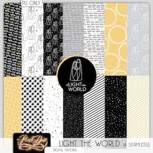 May include: A set of 14 digital seamless patterns featuring a variety of designs, including a black and white checked pattern, a black and white pattern with gold stars, a black and white striped pattern, a black and white pattern with gold circles, a gold and white pattern with circles, a grey and white pattern with a repeating image of the Holy Family, a gold and white pattern with a repeating image of a wreath, and a black and white pattern with the text "#LIGHT the WORLD".