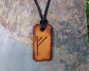 FEHU "Prosperity & Good Health" Elder Futhark rune pendant handmade from genuine leather
