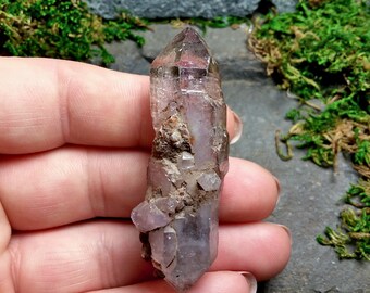 Raw smoky Amethyst Skeletal Elestial terminated point with penatrator crystal, Goethite mineral inclusions