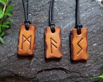 Leather Rune Necklace, Handmade Custom Rune Pendant, Leather Futhark Viking Rune