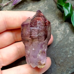 Smoky Amethyst Scepter Elestial, crystal cluster point with Goethite and Lepidocrocite