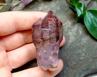 Smoky Amethyst Scepter Elestial, crystal cluster point with Goethite and Lepidocrocite