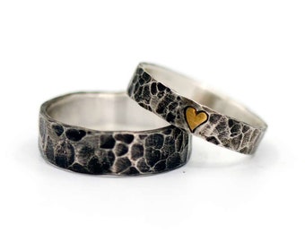 Wedding Rings with Heart 925 Silver with 24K Gold Inlay hammered and blackened Wedding Rings