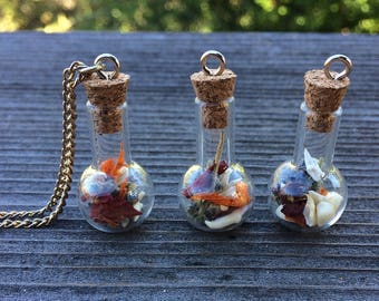 Glass Vile Necklace Pendant with Real Animal Bones Teeth & Dried Flower Petals