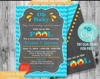 Pool party baby shower invitation, Pool baby shower invitation, summer baby shower, Boy baby shower, co-ed baby shower, Corjl invitation