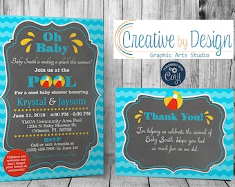 Pool party baby shower invitation, Pool baby shower thank you card, summer baby shower, Boy baby shower, co-ed baby shower, Corjl invitation