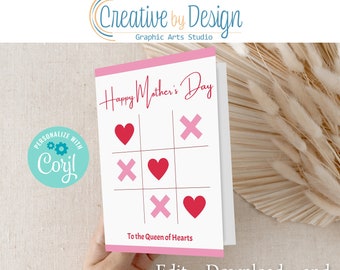 Mother's Day Card, Editable Mother's Day Card, DIY Mother's Day Card, Tic Tac Toe Card, Last Minute Mother's Day Card, Corjl Greeting Card