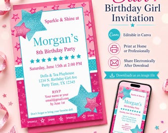 Canva Doll Birthday Invitation Template, Star Party Theme, Editable Template, Instant Download
