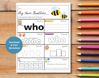 Sichtwort 'Who' Arbeitsblatt: Druckbare Übungsaktivitäten (PDF)