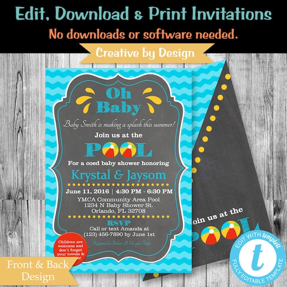 pool party baby shower - online self-editing invitation