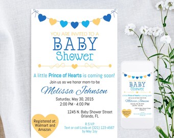 Blå hjärtan babyshowerinbjudan: Redigerbar Corjl-mall