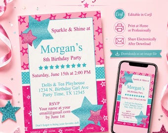 Star Birthday Doll Party Digital Invitation, Editable Corjl Template, Instant Download