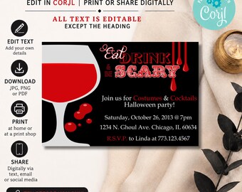 Halloween Party Invitation, Eat Drink and Be Scary Invite, Costume Party Template, Corjl Download