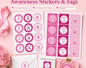 Breast Cancer Awareness Stickers, Printable Cancer Tags, Digital Product, PDF, Instant Download