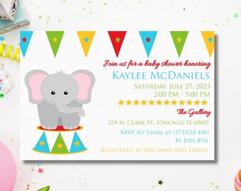 Inbjudan till babyshower med cirkuselefant: Karnevalsfest (digital nedladdning)