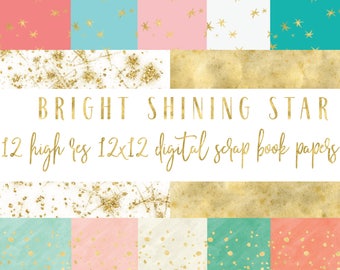 digital paper-digital scrapbook paper-star digital paper-gold digital paper-blue-pink-yellow-gray-mint-gold star-royalty free