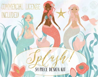 mermaid clipart-floral clipart-tropical clipart-mermaid-floral-PNG-royalty free-scrapbooking-digital download