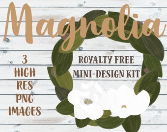 magnolia clipart-floral clipart-magnolia wreath-magnolia leaf-PNG-royalty free-digital download-scrapbooking-DIY-greenery-white flowers