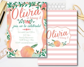 peach invitation-watercolor invitation-floral invitation-birthday party invitation-DIY-digital invitation-custom-pink-peach-green