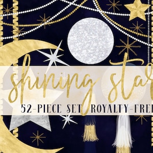 May include: Digital art featuring a navy blue background with gold and silver celestial elements. A crescent moon, stars, and a full moon are present. The text "shining star" is written in gold script, with "52-PIECE SET ROYALTY-FREE" below.