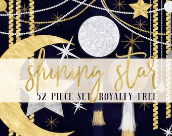 star clipart-navy and gold clipart-celestial clipart-gold and silver-stars-baby shower-birthday party-PNG-digital download-royalty free