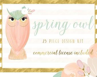 floral clipart-owl clipart-spring clipart-owl-floral print-pastel clipart-royalty free-scrapbooking-PNG-digital download