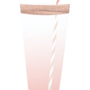 May include: A tall, clear glass with a pink gradient, a cork lid, and a striped straw. The straw is white and light pink. A small pink tab is visible at the top of the straw. The glass is empty.