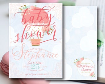 hot air balloon invitation-hot air balloon party-hot air balloon-floral invitation-peach-pink-mint-gold-DIY