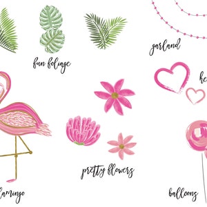 May include: A collection of hand-painted illustrations featuring a pink flamingo, flowers, hearts, balloons, and foliage. The text includes the words "flamingo", "fun foliage", "garland", "hearts", "pretty flowers", and "balloons".