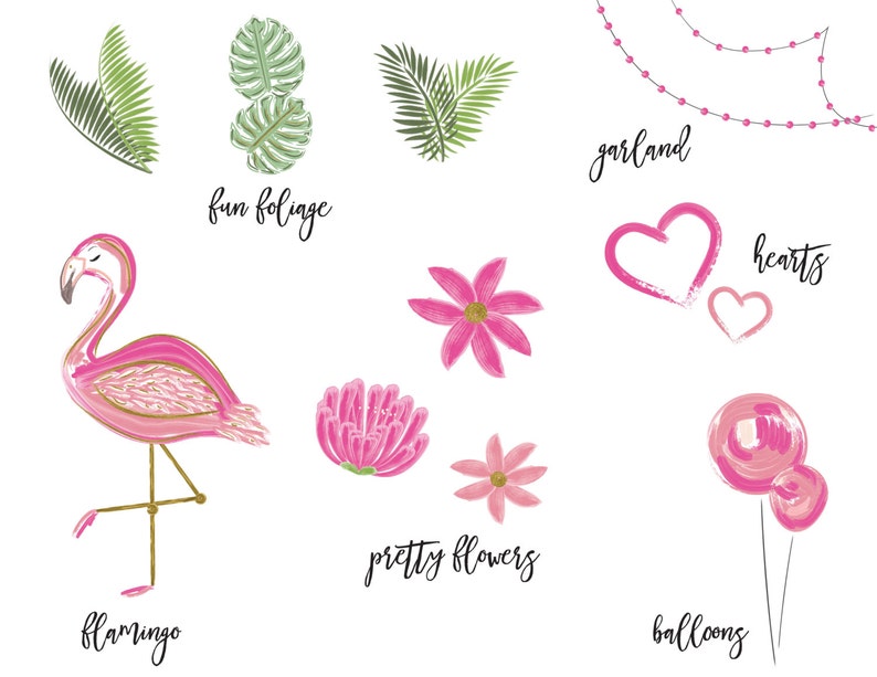 May include: A collection of hand-painted illustrations featuring a pink flamingo, flowers, hearts, balloons, and foliage. The text includes the words "flamingo", "fun foliage", "garland", "hearts", "pretty flowers", and "balloons".