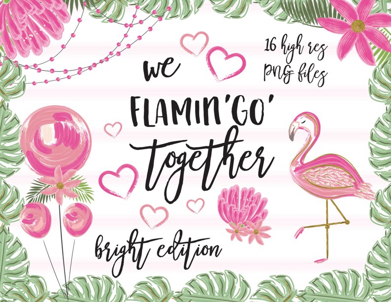 May include: A digital graphic with a flamingo, hearts, and tropical flowers. Text reads "We Flamin' Go Together" and "bright edition". The image is framed with green leaves and includes the text "16 high res PNG files".