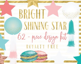 star clipart-gold clipart-birthday clipart-cake clipart-balloon clipart-pink-teal-gray-paint stroke-digital download-PNG-royalty free