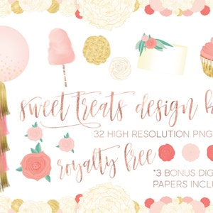 May include: A digital design kit featuring illustrations of sweets, including a cupcake, cake, cotton candy, and a balloon. The text "Sweet Treats Design Kit" is displayed in a cursive font. The design also includes floral elements and the text "Royalty Free".