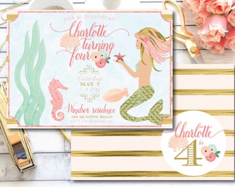 mermaid invitation-mermaid party-pink mermaid-mint mermaid-gold mermaid-DIY-digital download-custom invitation