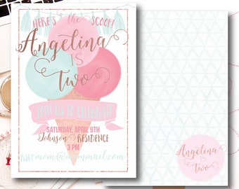 ice cream invitation-ice cream party-printable invitation-custom invitation-rose gold-DIY-pink invitation-blue invitation-ice cream cone