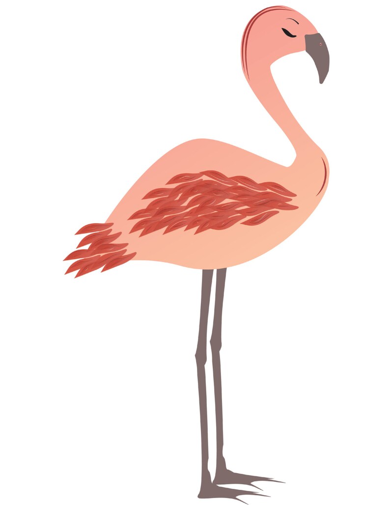 May include: A stylized illustration of a flamingo in shades of pink and peach. The bird has a curved neck, closed eyes, and a dark beak. Its body features a cluster of red-brown feathers, and it stands on long, gray legs against a white background.