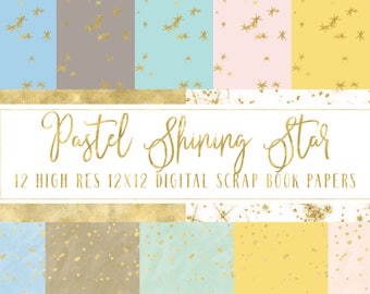 digital paper-digital scrapbook paper-star digital paper-gold digital paper-blue-pink-yellow-gray-mint-gold star-royalty free