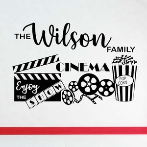 Home Theater Wall Decal, Personalized Cinema Sign, Movie Room Popcorn Decor, Custom Film Reel Sticker, Family Media Room Wall Art